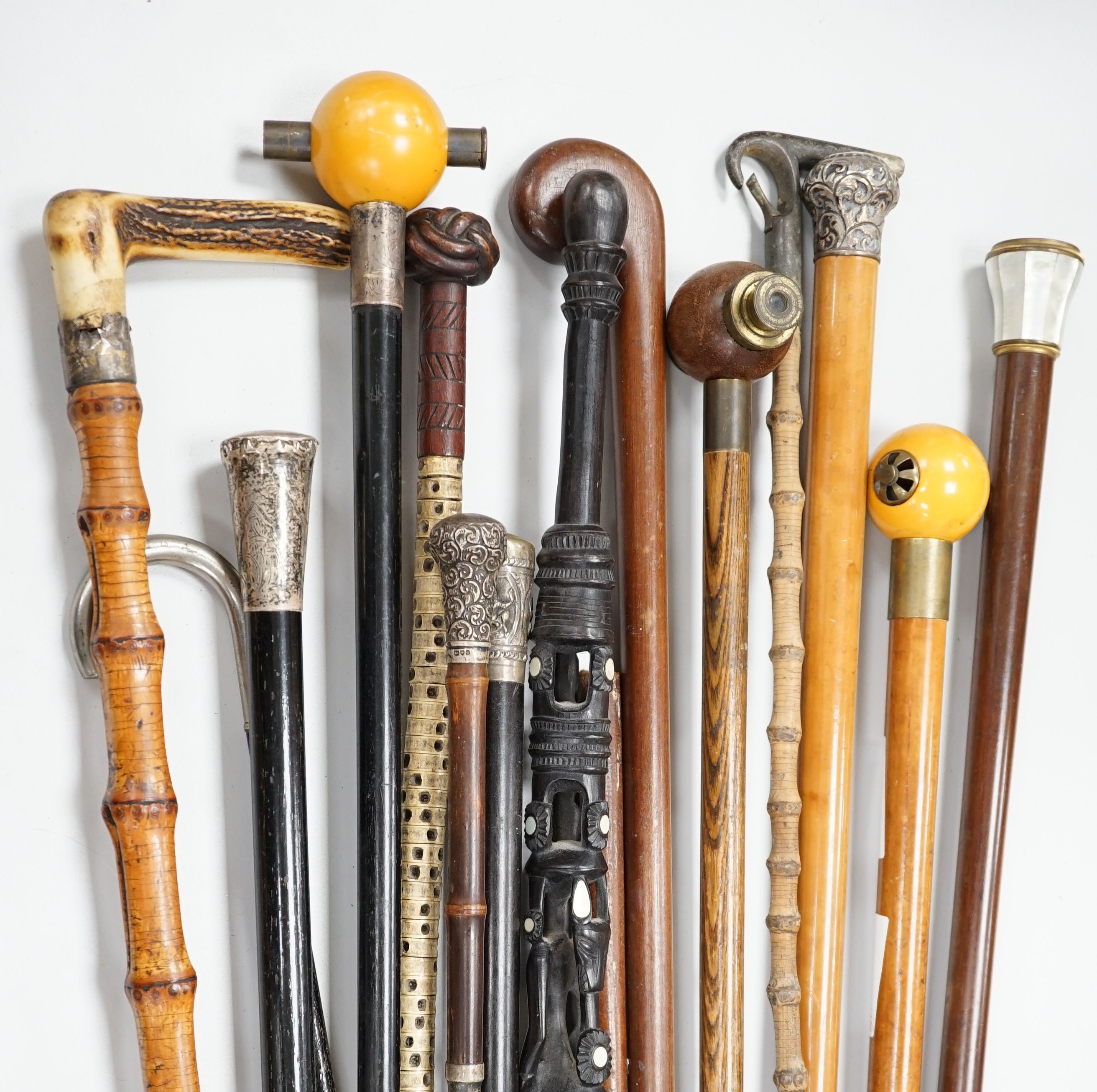 A collection of fifteen assorted walking sticks and canes, many silver mounted